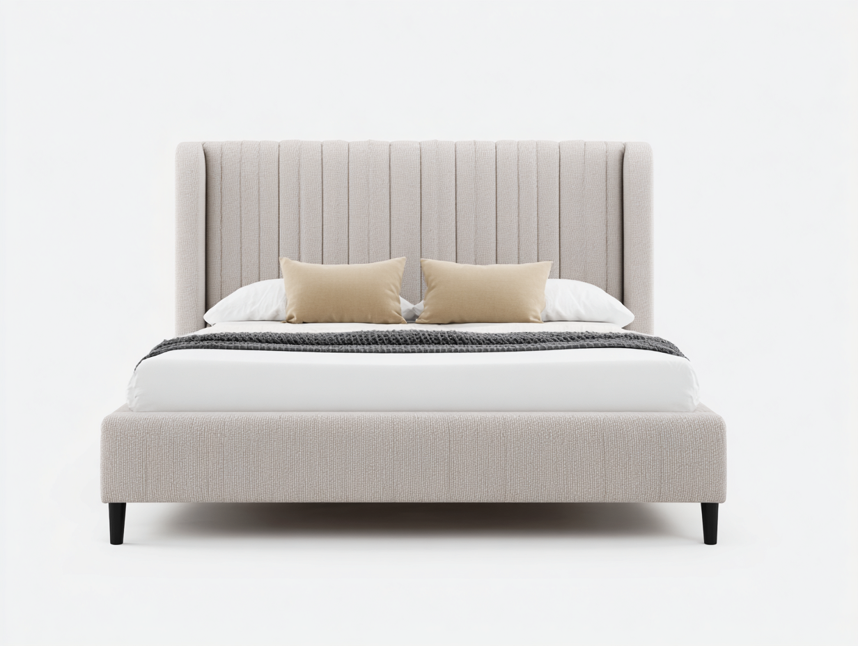 Lit double tapissé 215x180x120 cm - tissu beige - tête de lit haute à cannelures verticales - style contemporain-Comfyene