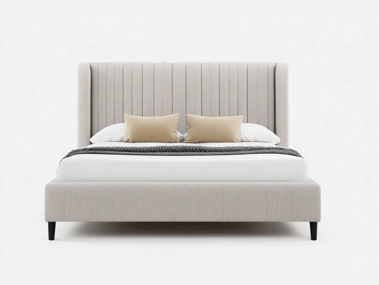 Lit double tapissé 215x180x120 cm - tissu beige - tête de lit haute à cannelures verticales - style contemporain-Comfyene