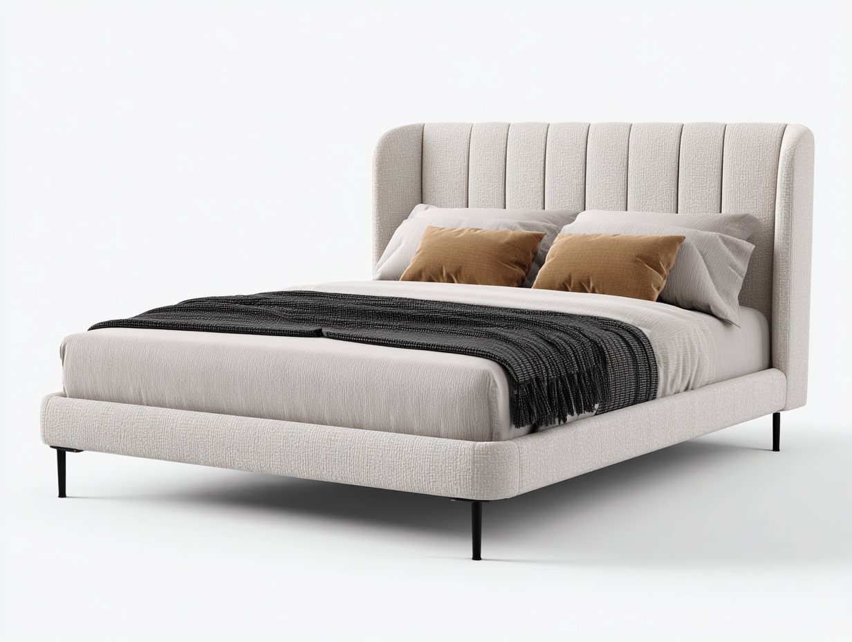 Lit double rembourré 215x185x120 cm - beige clair - avec tête de lit à cannelures verticales et pieds en métal noir-Comfyene