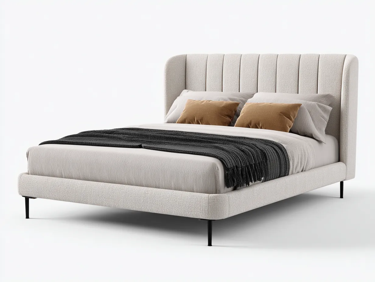 Lit double rembourré 215x185x120 cm - beige clair - avec tête de lit à cannelures verticales et pieds en métal noir-Comfyene