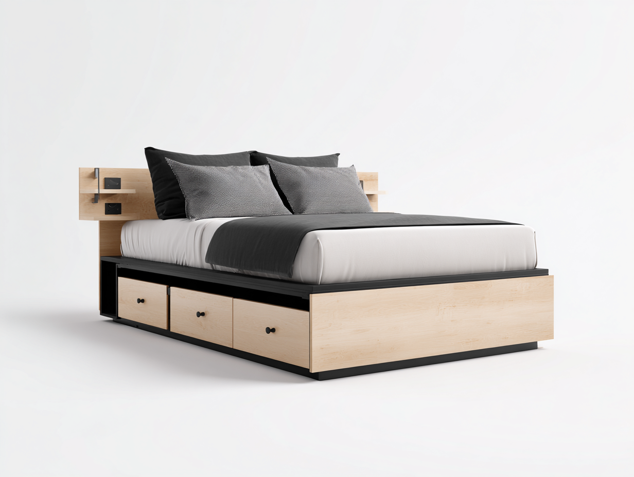 Lit double avec rangement en bois et métal 210x160x115 cm - bois clair/noir - design moderne avec tiroirs intégrés-Comfyene