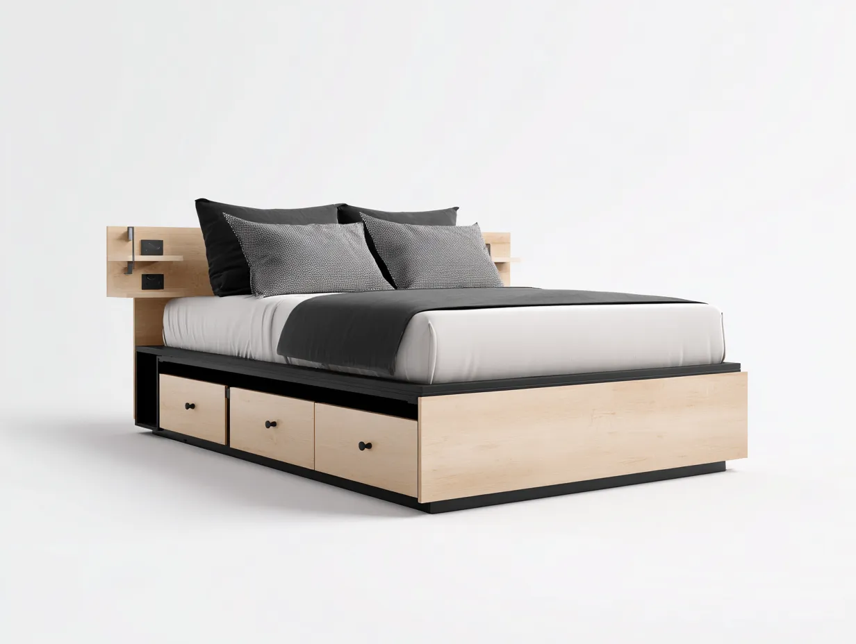 Lit double avec rangement en bois et métal 210x160x115 cm - bois clair/noir - design moderne avec tiroirs intégrés-Comfyene