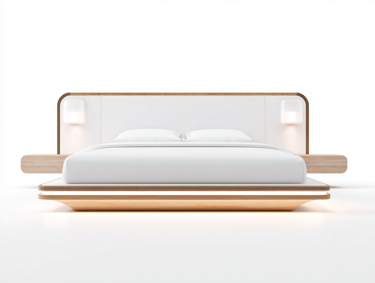 Lit double en bois et cuir synthétique 225x180x100 cm - blanc/chêne clair - design moderne flottant avec tête de lit lumineuse-Comfyene