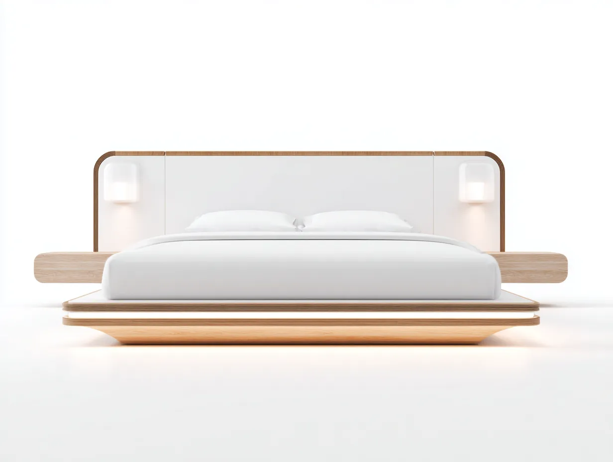 Lit double en bois et cuir synthétique 225x180x100 cm - blanc/chêne clair - design moderne flottant avec tête de lit lumineuse-Comfyene