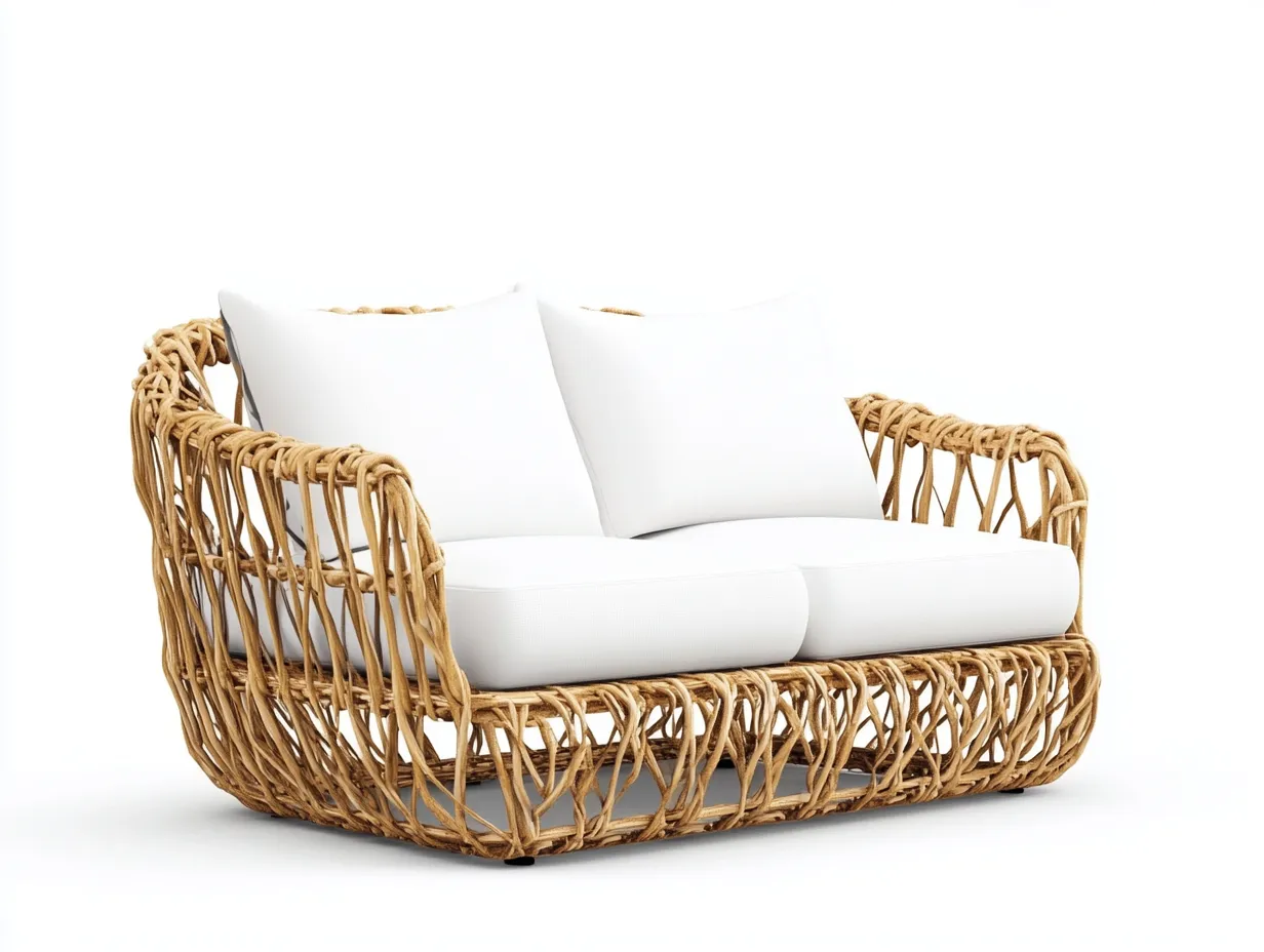 Canapé de jardin 2 places en rotin tressé ajouré et coussins - blanc/naturel - 160x90x80 cm - style bohème et design - pour terrasse ou jardin-Comfyene