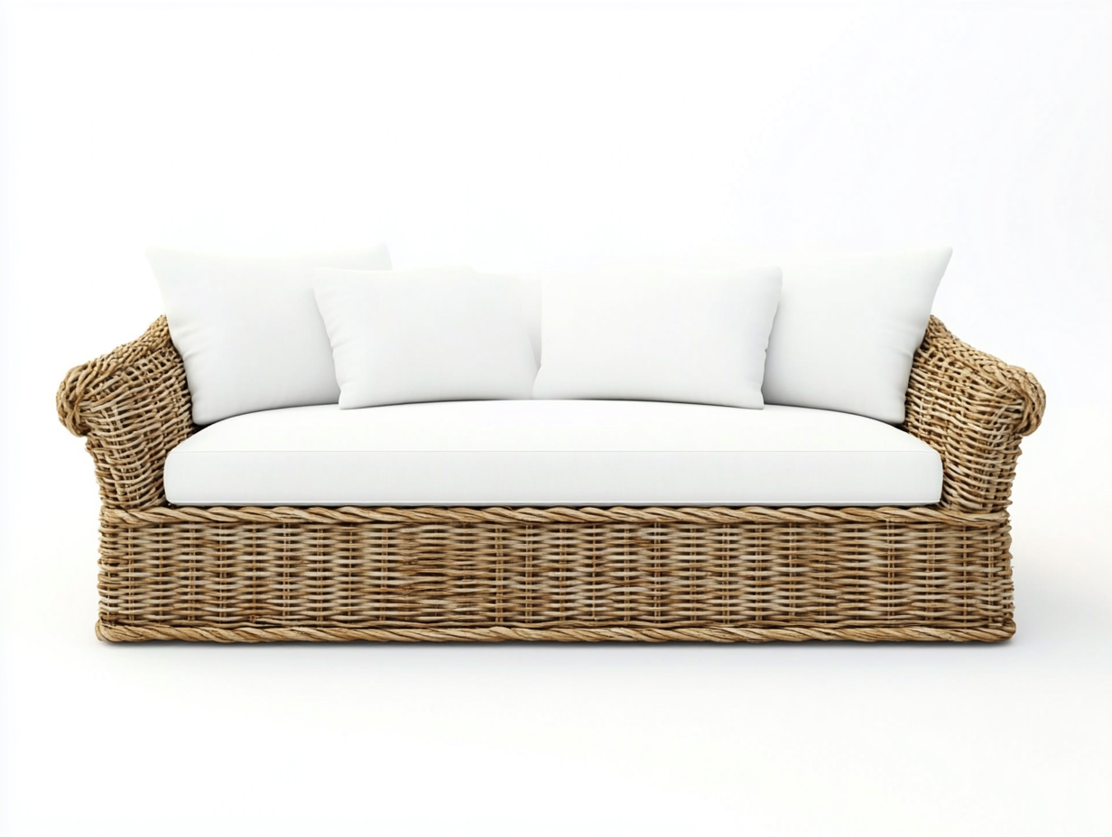 Canapé de jardin 3 places en rotin tressé et coussins - blanc/naturel - 200x90x85 cm - style bohème et contemporain - pour terrasse ou véranda-Comfyene