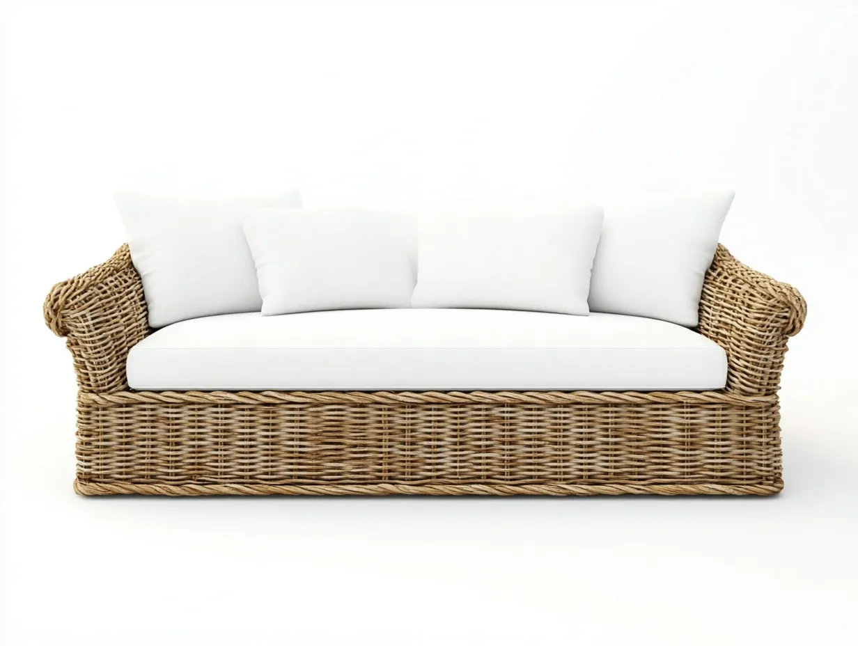 Canapé de jardin 3 places en rotin tressé et coussins - blanc/naturel - 200x90x85 cm - style bohème et contemporain - pour terrasse ou véranda-Comfyene