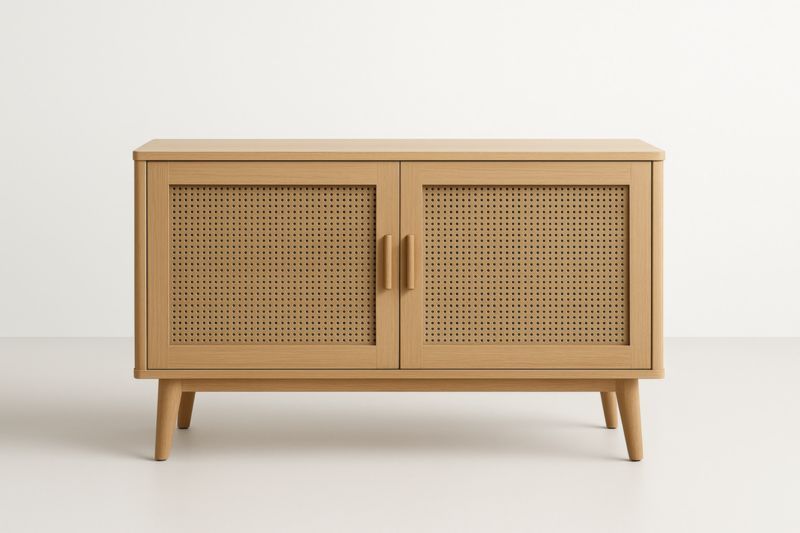 Buffet en chêne avec portes en rotin 120x40x75cm