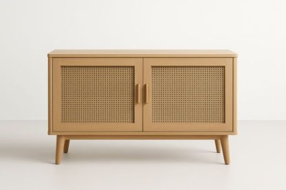 Buffet en chêne avec portes en rotin 120x40x75cm