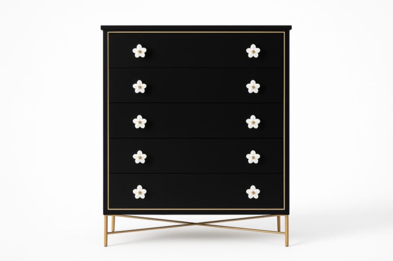 Commode en Bois MDF Noir avec Poignées Fleur, Structure Métallique Dorée
