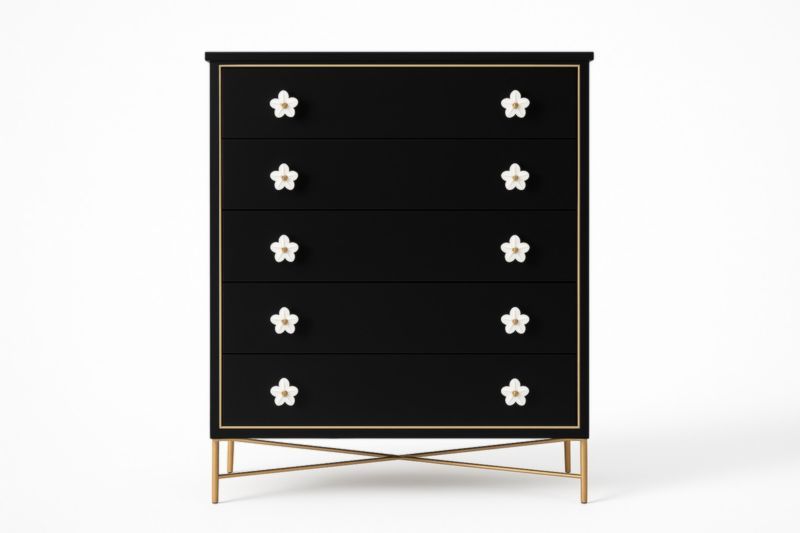 Commode en Bois MDF Noir avec Poignées Fleur, Structure Métallique Dorée