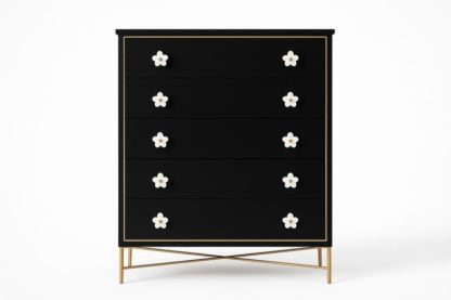 Commode en Bois MDF Noir avec Poignées Fleur, Structure Métallique Dorée