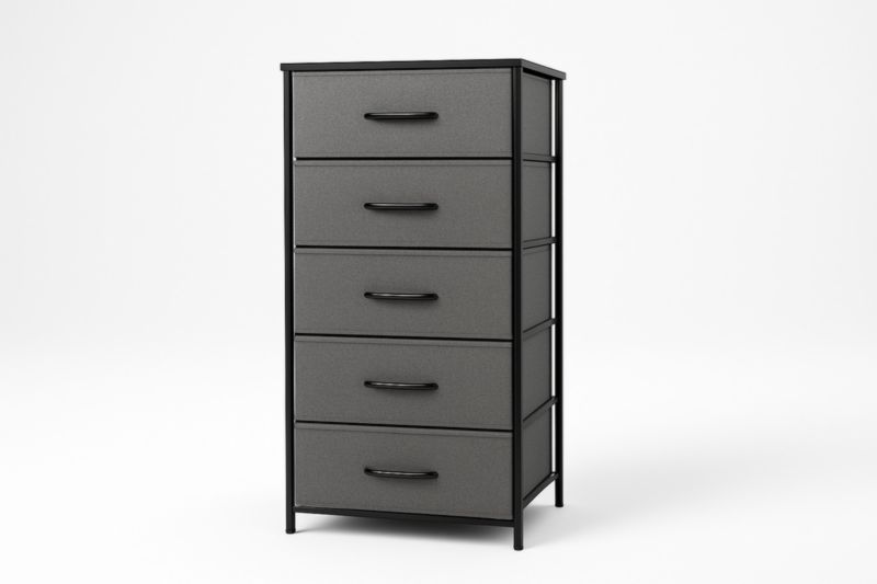 Commode à cinq tiroirs en métal et tissu gris
