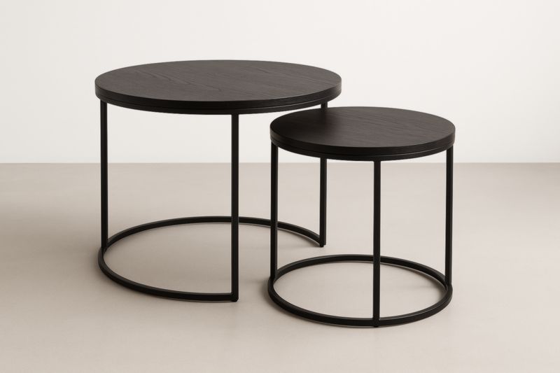 Tables Basses Rondes Bois et Métal Noir Ensemble de 2