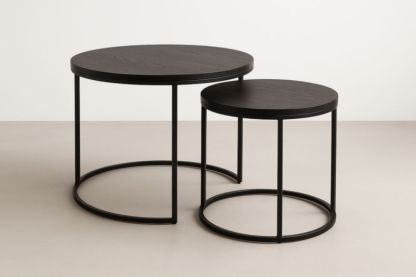 Tables Basses Rondes Bois et Métal Noir Ensemble de 2