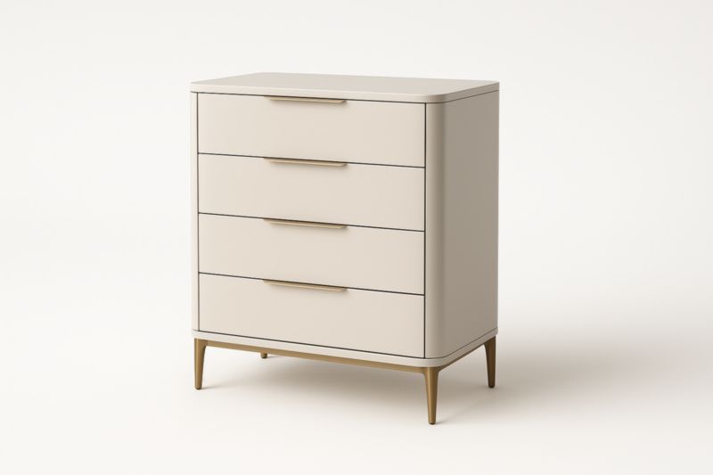 Commode à quatre tiroirs en MDF blanc crème avec structure métallique