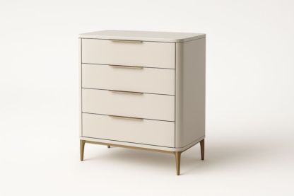 Commode à quatre tiroirs en MDF blanc crème avec structure métallique