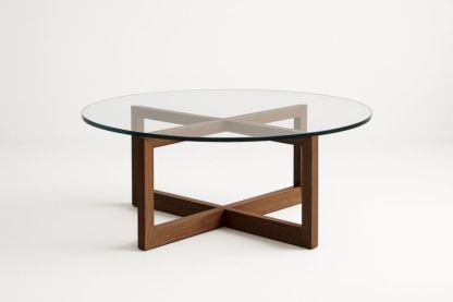 Table basse en verre trempé avec base en bois noyer, diamètre 100 cm