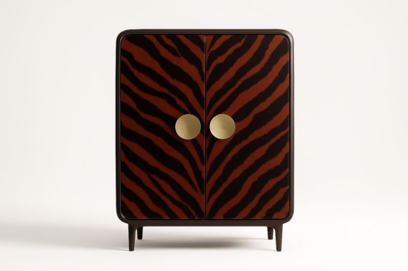 Armoire de rangement en bois massif avec motif tigre et poignées rondes