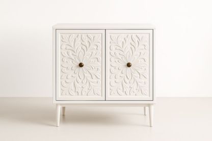 Buffet en Bois MDF Blanc avec Portes Sculptées 80x40x75 cm