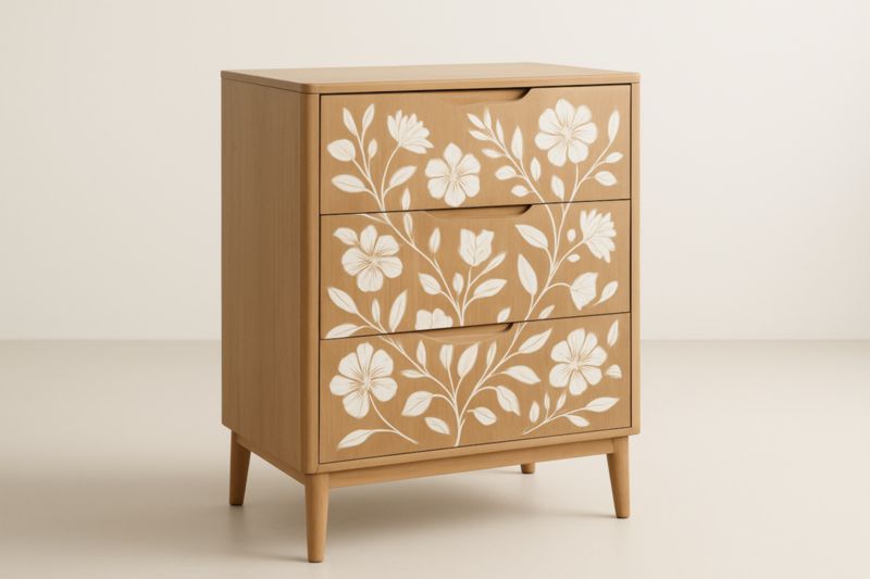 Commode Trois Tiroirs en Bois avec Motifs Floraux Blancs