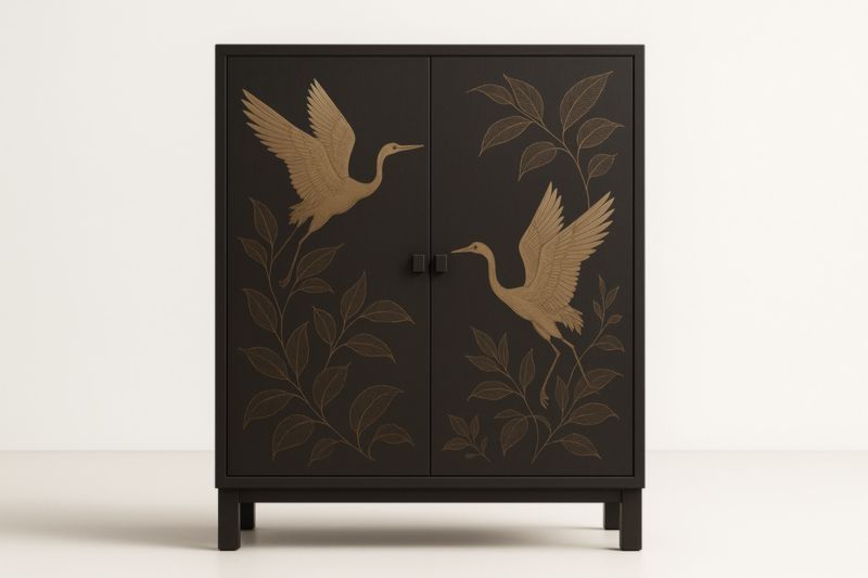 Buffet en bois à motif de grue dorée 90 cm