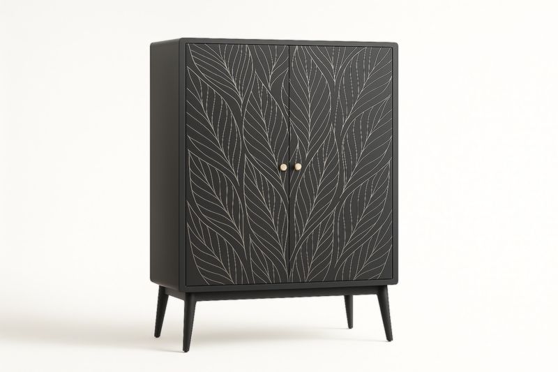 Armoire de rangement en bois noir avec motif de feuilles