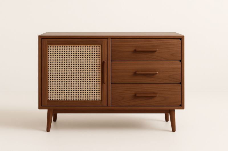 Buffet en bois avec porte en rotin et trois tiroirs