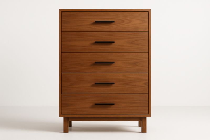 Commode à cinq tiroirs avec placage en noyer