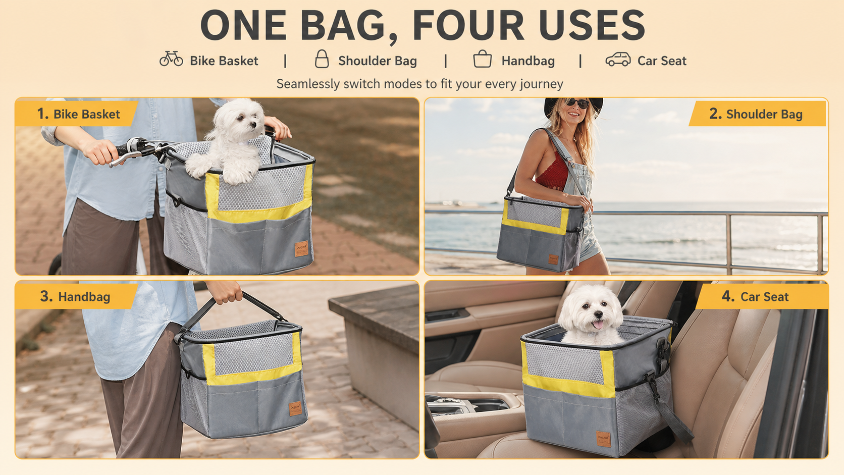 Multi-Use Pet Bike Basket Carrier with Shoulder Strap for Small Dogs