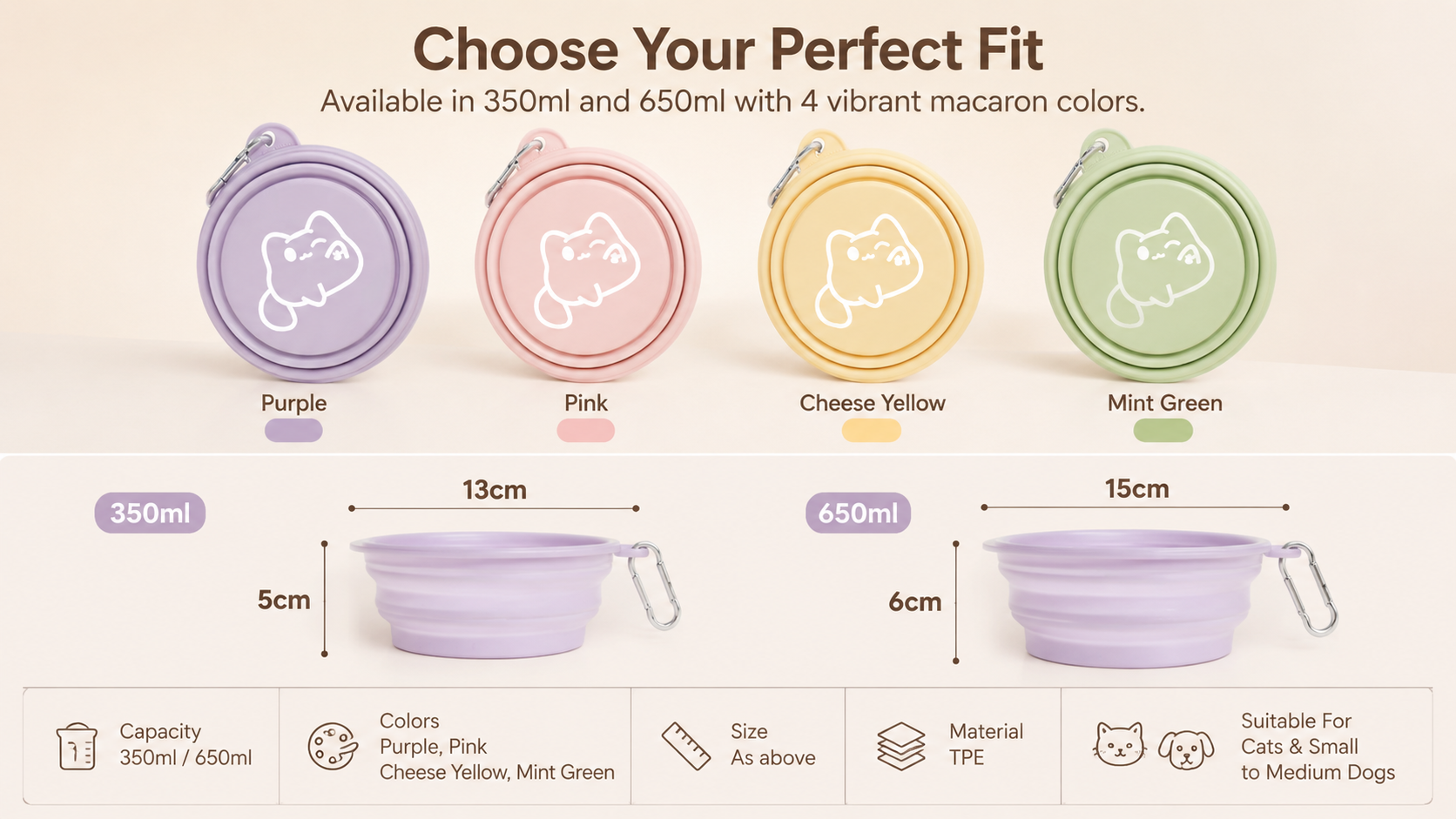 Collapsible Silicone Pet Travel Bowl with Clip – 350 ml