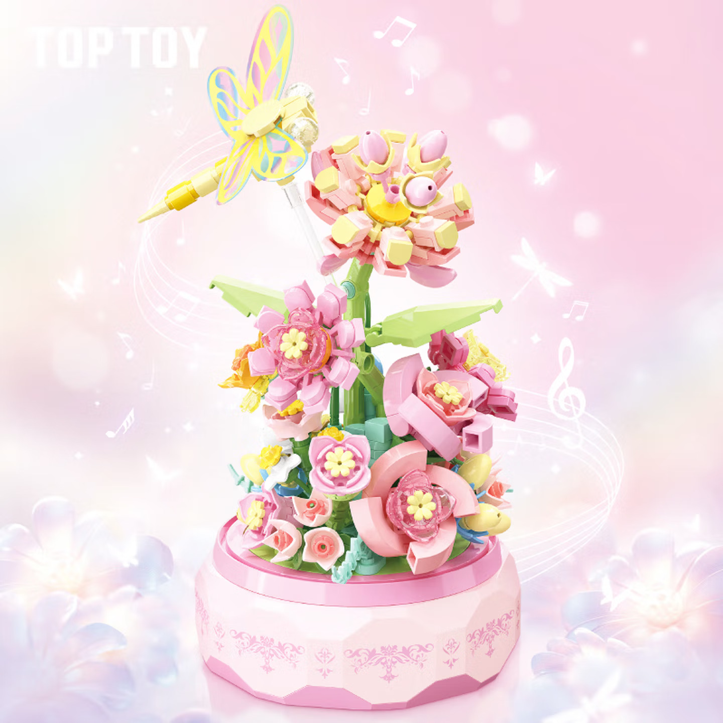 TOP TOY China Building Block Plant Series Building Block Flower Music Box Building Block Assembly Ornament Girls' Day Gift Building Block Flower Music Box - Dream Butterfly Flower Fate (Purple)