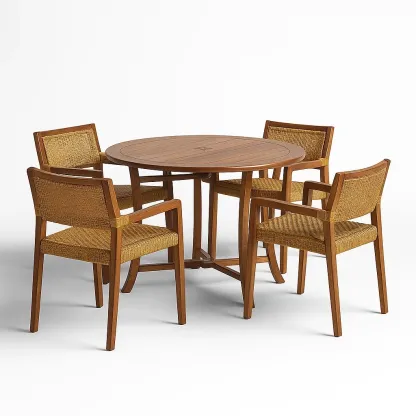 Ensemble table à manger et chaises rondes en acacia avec 4 chaises en rotin