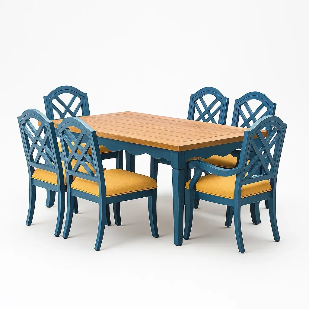 Ensemble table à manger et chaises 7 pièces en bois bleu avec assises en tissu jaune