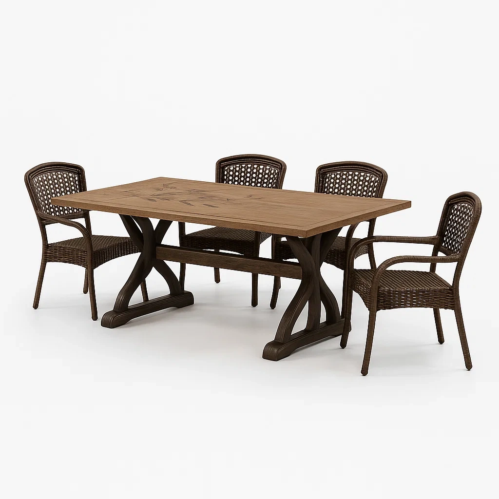 Ensemble table à manger et chaises en teck avec chaises en résine tressée marron