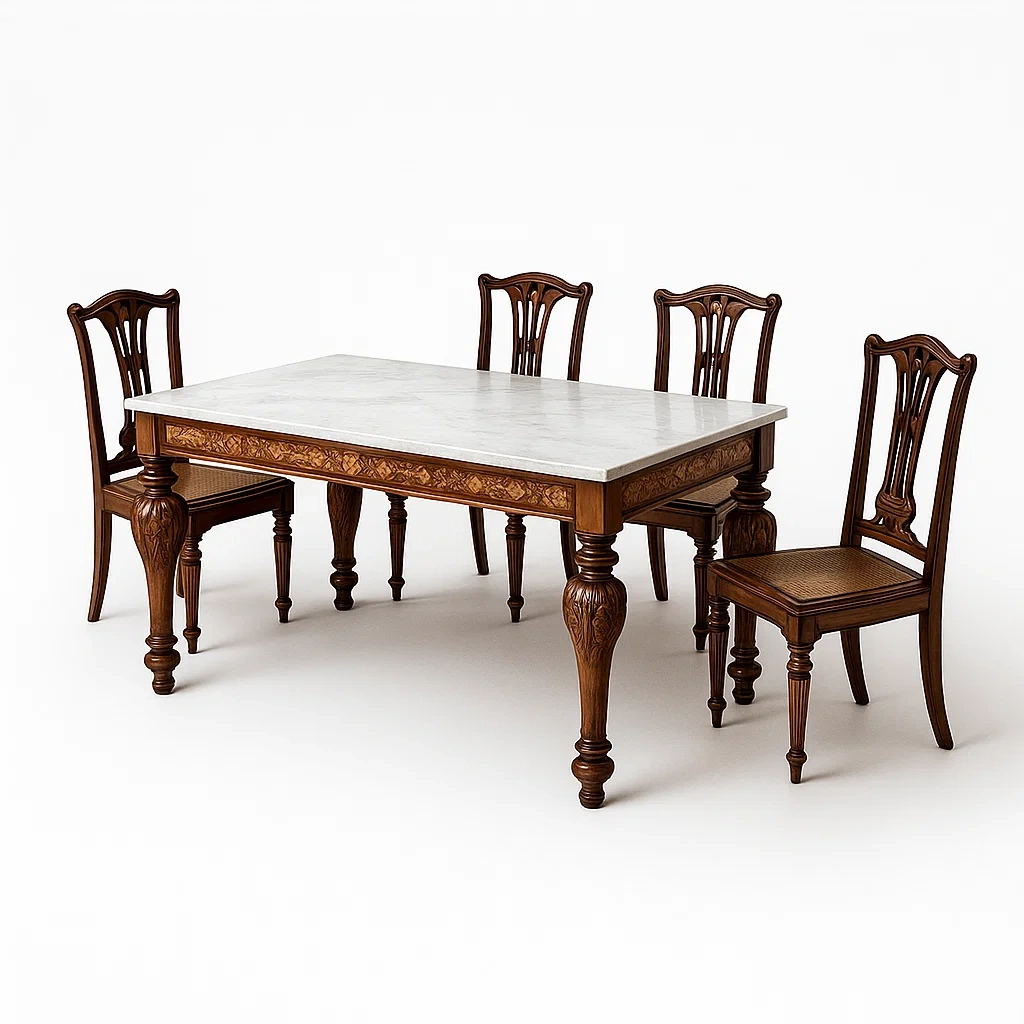 Ensemble table à manger et chaises en bois avec plateau en marbre