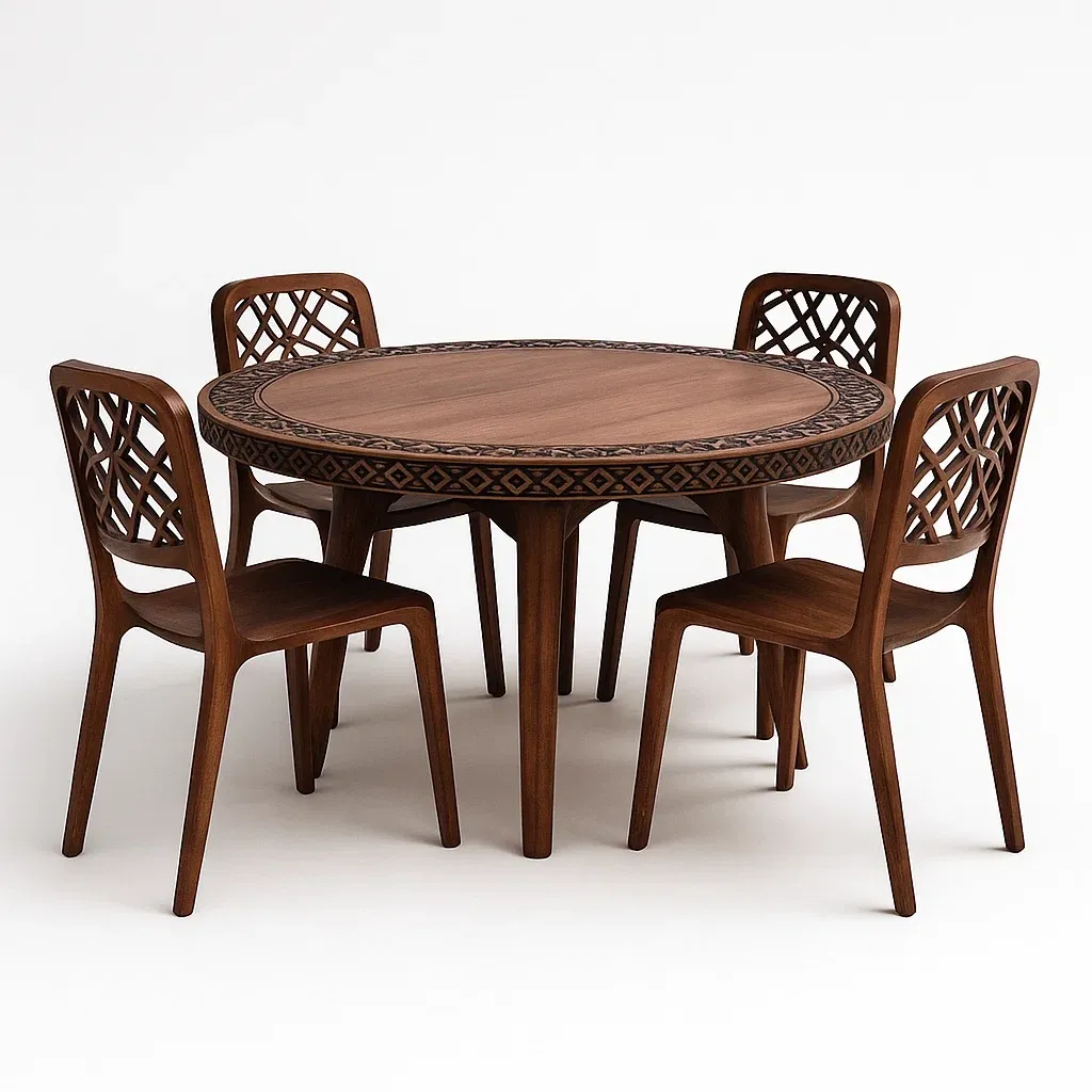 Ensemble table à manger et chaises en bois rondes avec motifs sculptés et 4 chaises marron