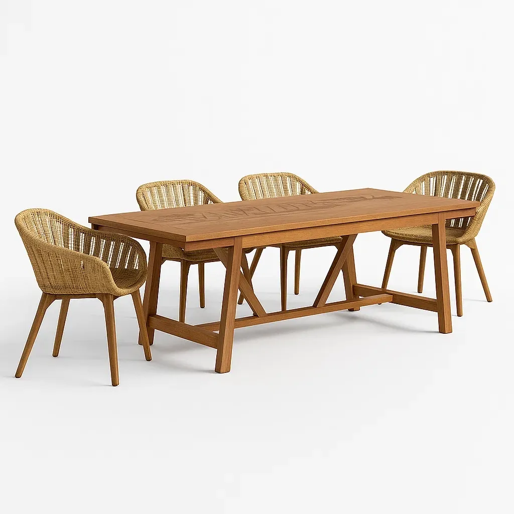 Ensemble table à manger et chaises en bois de teck et rotin