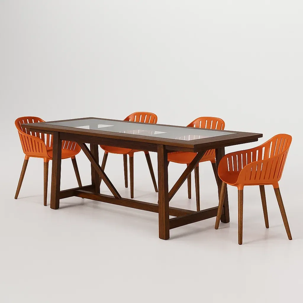 Ensemble table à manger et chaises en verre et chêne avec 4 chaises en plastique orange