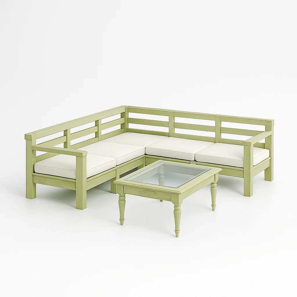 Ensemble de canapé en bois vert avec coussins et table en verre trempé