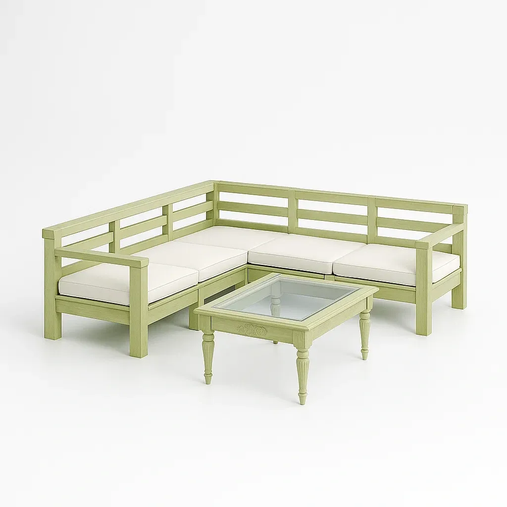 Ensemble de canapé en bois vert avec coussins et table en verre trempé
