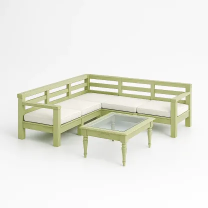 Ensemble de canapé en bois vert avec coussins et table en verre trempé