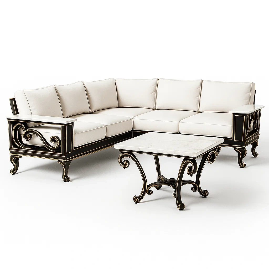 Ensemble de canapé en métal avec table basse en marbre blanc et beige