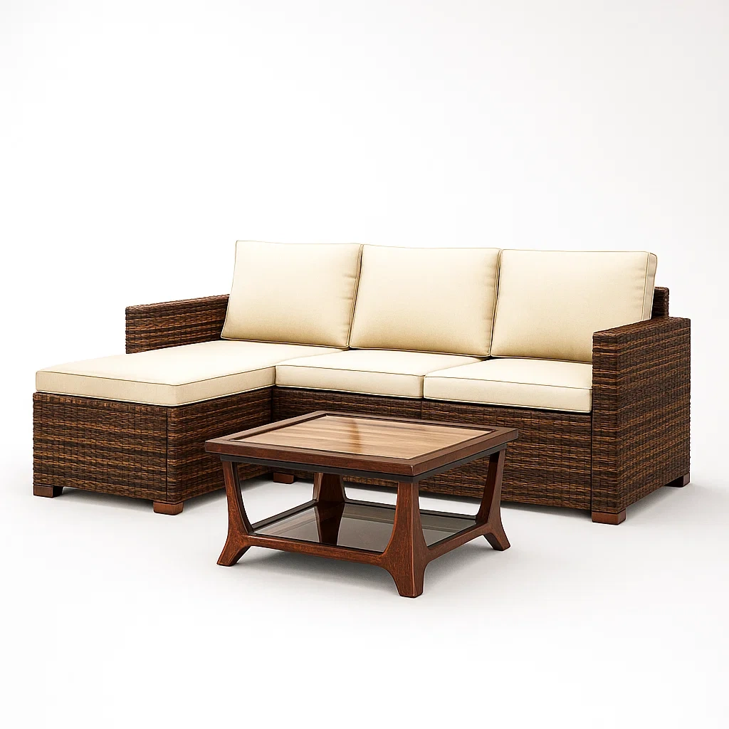 Ensemble de canapé en résine tressée marron avec coussins en tissu beige et table basse en bois