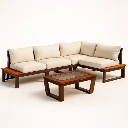 Ensemble de canapé extérieur en bois avec coussins crème et table basse en verre trempé