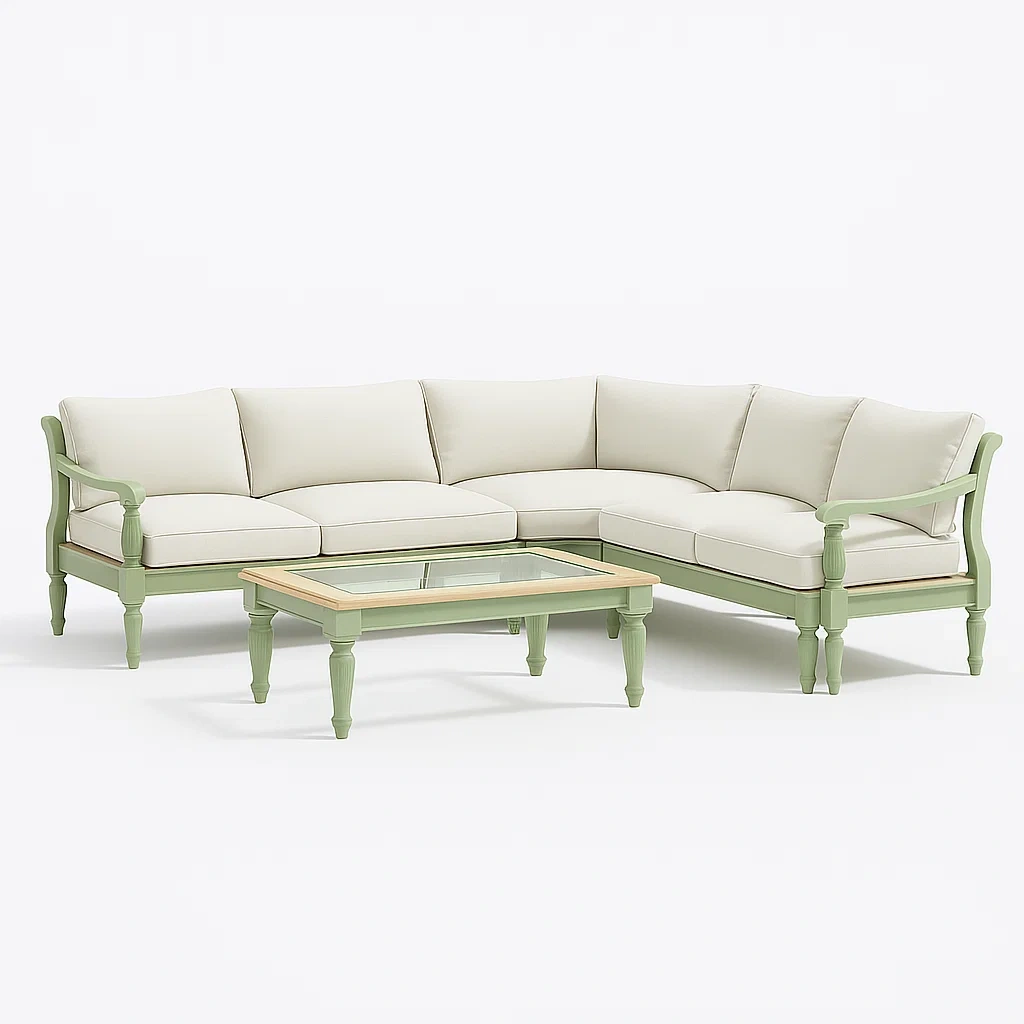 Ensemble de canapé d’angle en bois avec tissu beige et table basse en verre