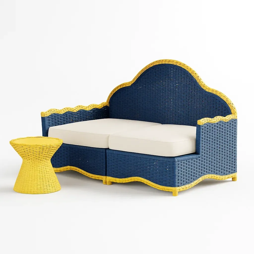 Ensemble de canapé en rotin synthétique bleu et jaune avec coussins crème et table d’appoint