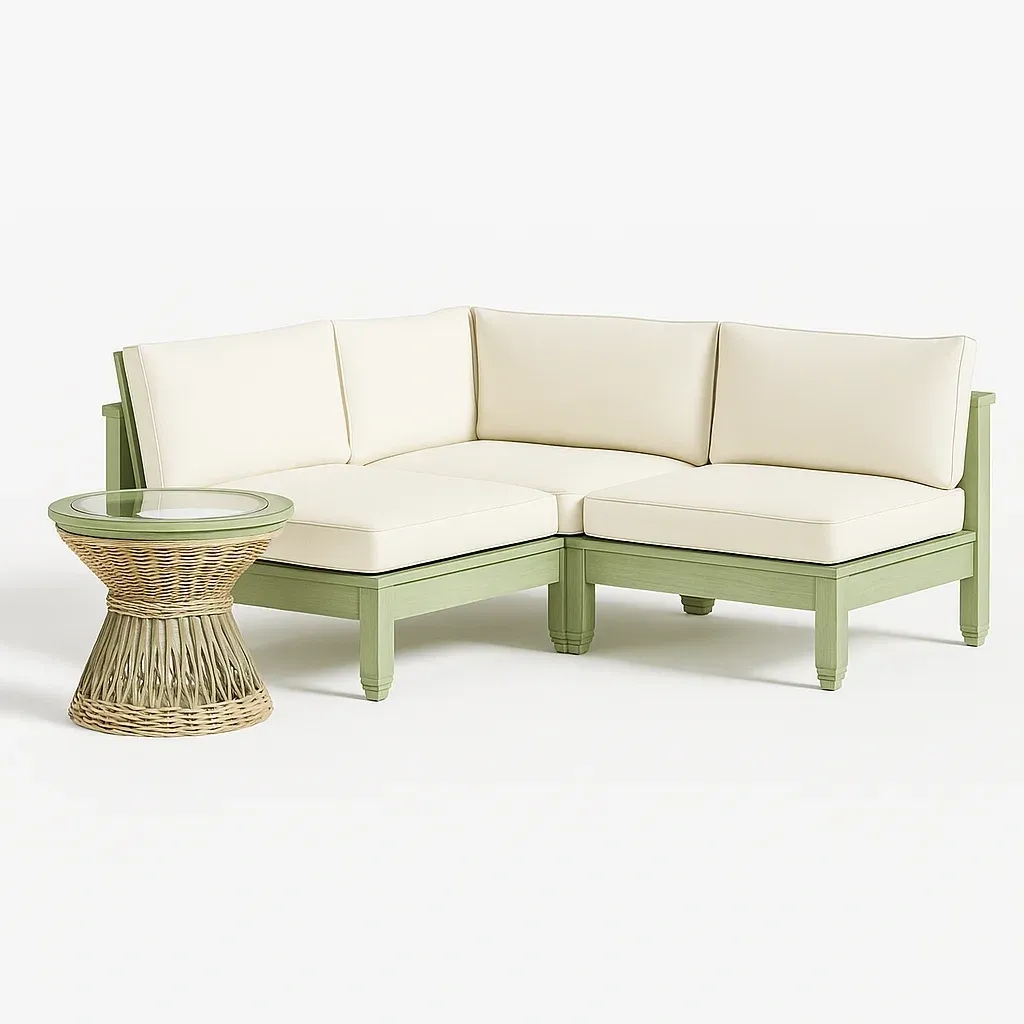 Ensemble de canapé d’angle extérieur en bois avec coussins crème et table en osier et verre
