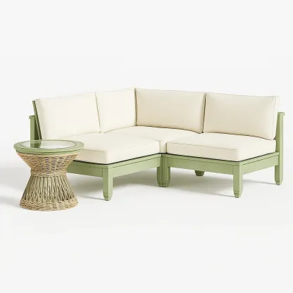 Ensemble de canapé d’angle extérieur en bois avec coussins crème et table en osier et verre