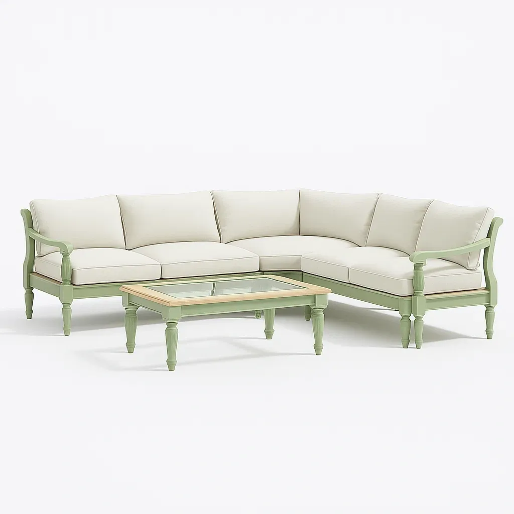 Ensemble de canapé d’angle en bois avec tissu beige et table basse en verre